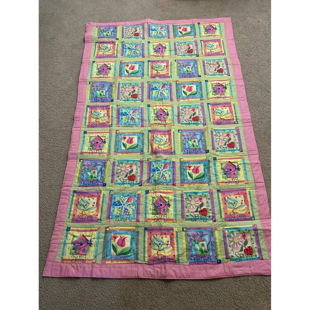 Handmade Spring Patchwork Quilt Blanket Pink Polka Dot Border Floral Birdhouse